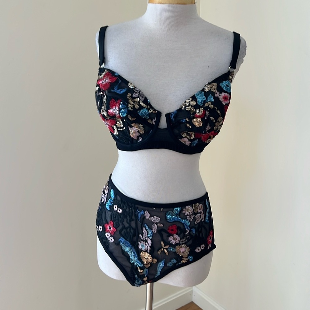 Felicity Hayward black ella sequin underwire bra and high waist brief curve set